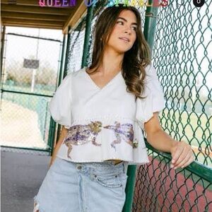 Queen of Sparkles White and Purple Sequin Blouse TCU Horned Frogs Small